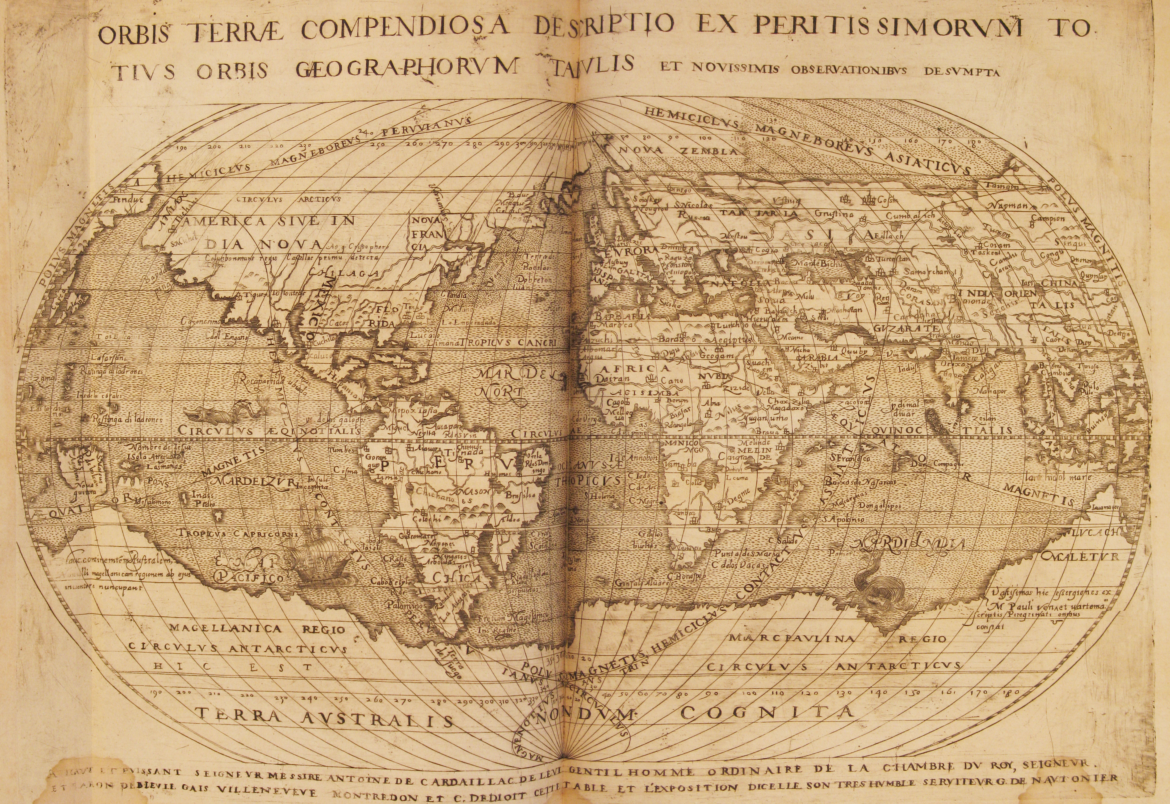 Guillaume de Nautonier’s 1603 world map plotting the geomagnetic equator