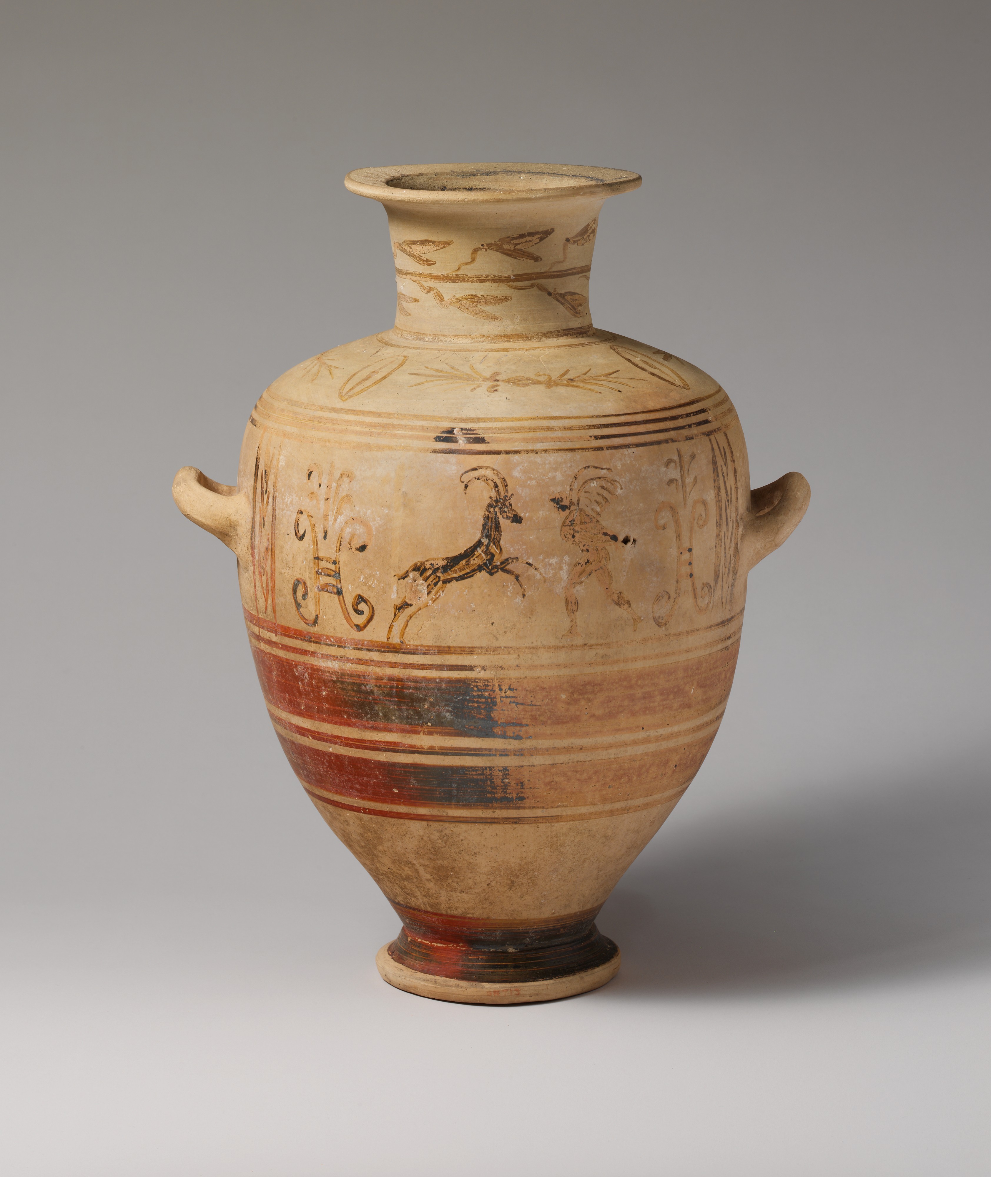 Cretan terracotta Hadra hydria with painted decoration and an inscription on its shoulder