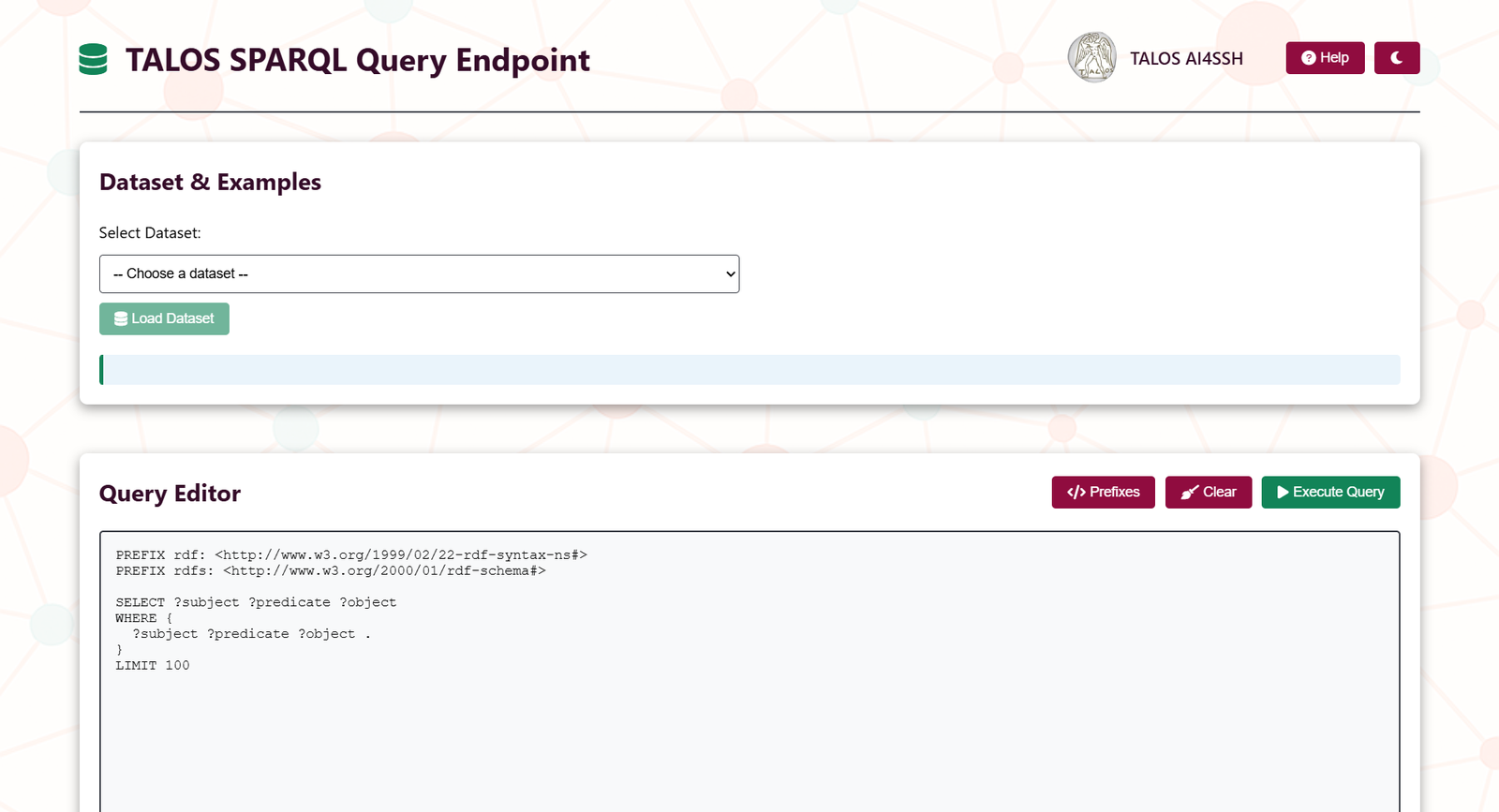 The endpoint home screen, showing the dataset selector and empty query editor