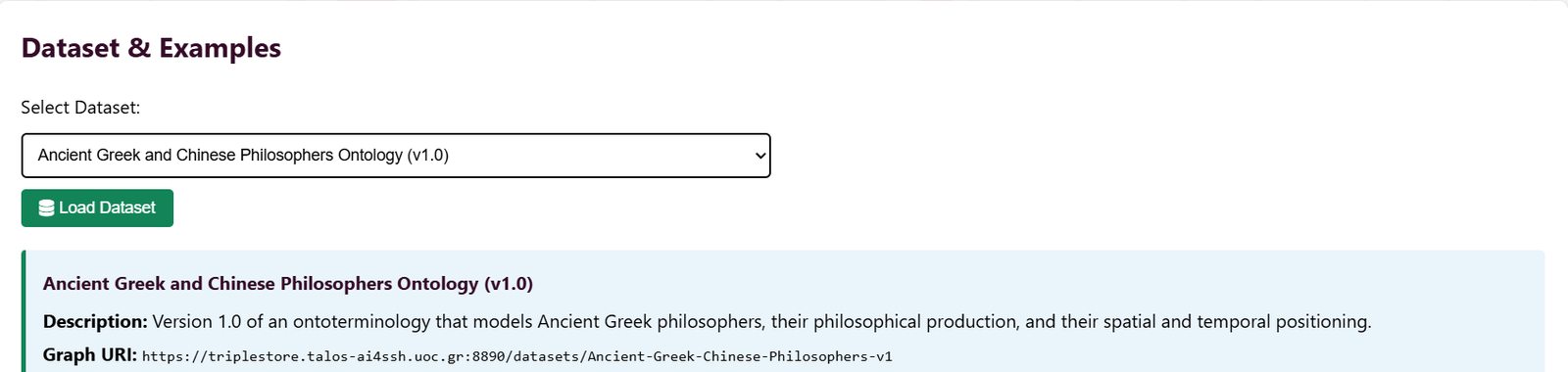 The dataset information panel showing name, description and graph URI