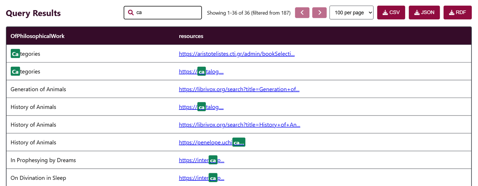 Results table filtered to matching rows, with matches highlighted