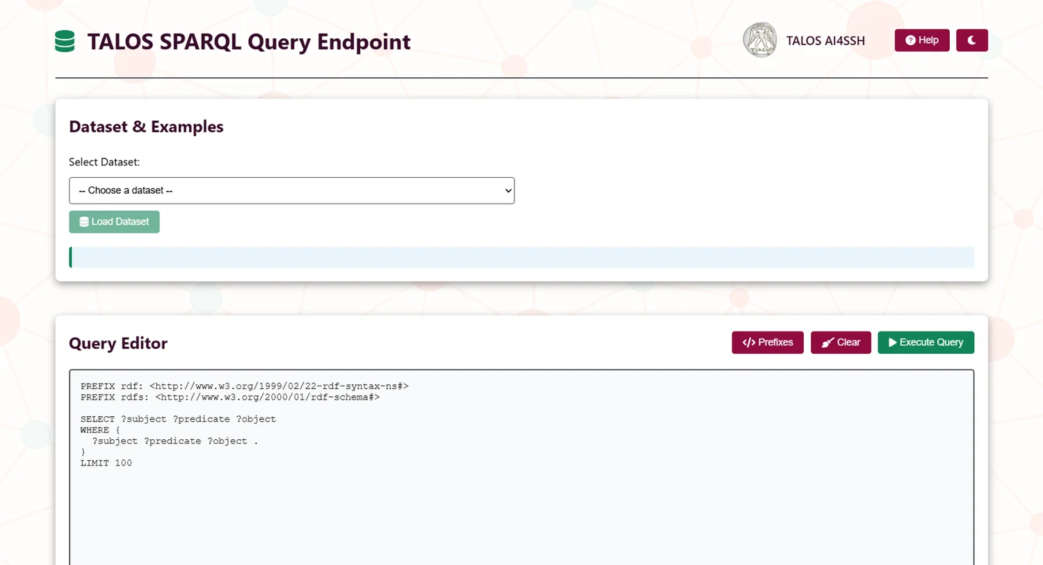 TALOS SPARQL · dataset selection and query workspace